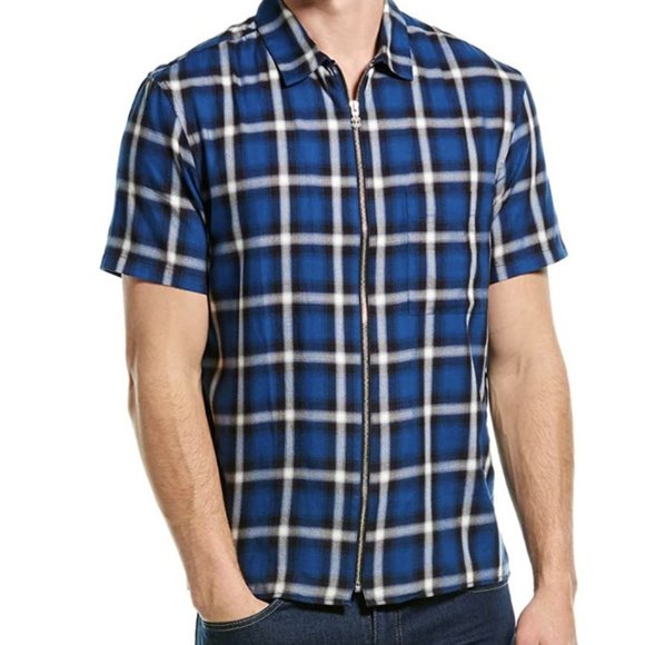 The Kooples Jeans Zip Up Short Sleeve Check Shirt Blue - Picture 1 of 4